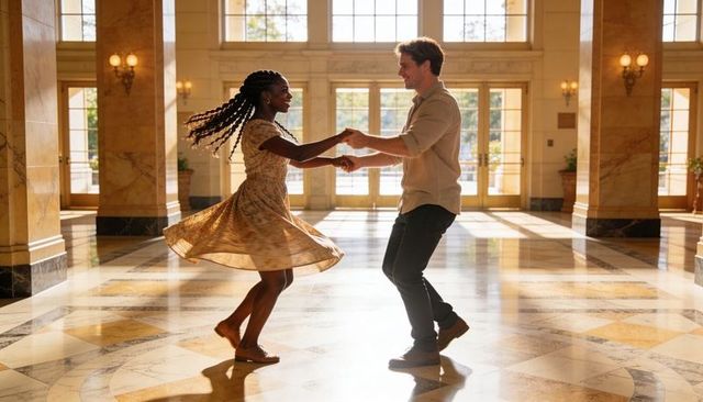Sunlit marble ballroom spin: interracial couple twirling in elegant hall