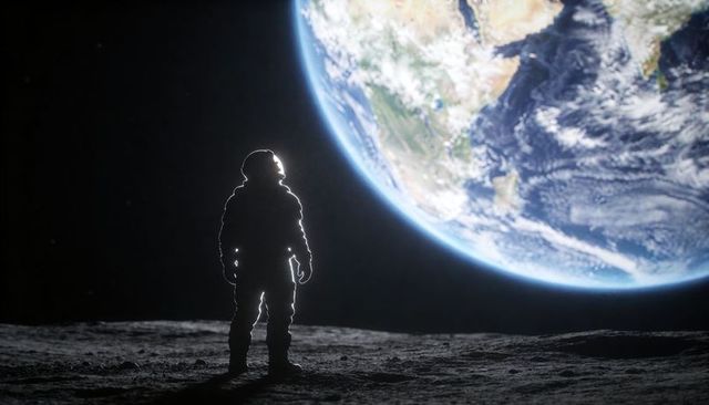 Silhouetted astronaut standing on moon observing earthrise with dramatic rim light