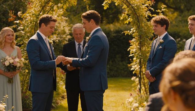 Two men exchanging rings under floral arch during sunlit garden wedding ceremony