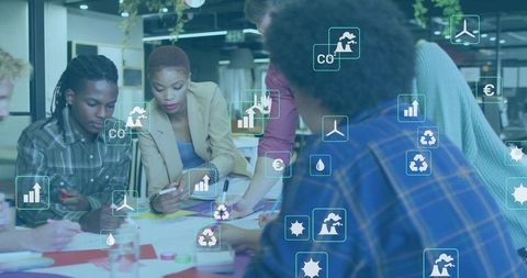 Collaborative Team Meeting with Sustainable Innovation Focus in Office Space