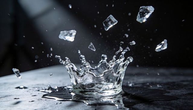 Crystal water crown splash with flying ice shards and dramatic lighting