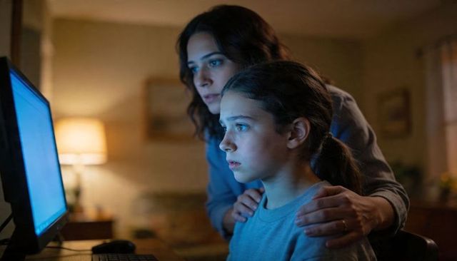 Evening screen time parent guiding child at computer with soft blue glow