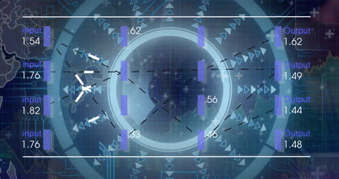 Animated Digital Data Network Interface with Spinning Globe Overlay