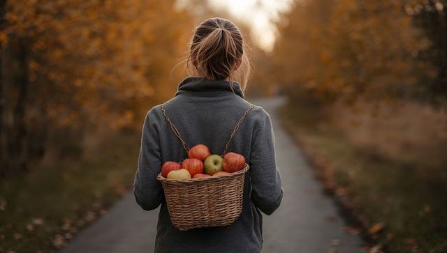 Walking Woman Carrying Wicker Basket of Apples Along Autumn Lane
