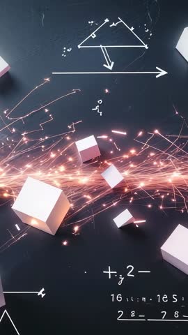 Igniting sparks guiding rotating cubes across chalkboard geometric diagrams vertical video
