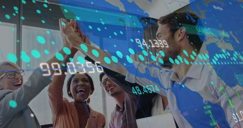 Successful Team Celebrating Data Achievement with Futuristic Global Graphics