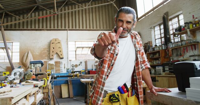 Confident Carpenter Pointing at Camera in Workshop - Download Free Stock Images Pikwizard.com