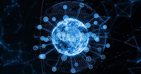 Holographic Globe Pulsing with Orbiting Network Nodes and Data Streams in Neon Blue Mesh