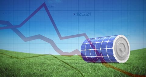 Solar energy battery on grass background with financial graphs overlay