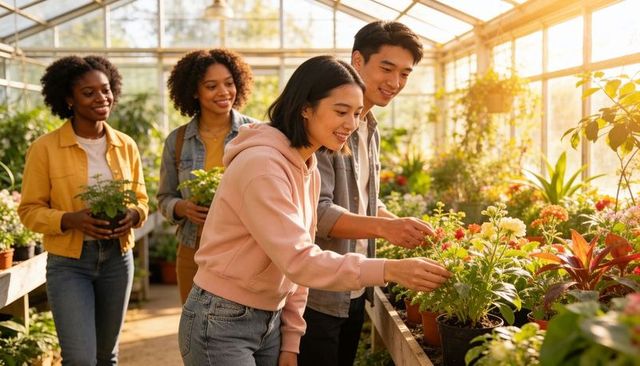 Young adults exploring sunlit greenhouse while inspecting colorful potted flowering plants