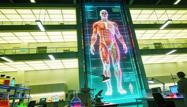Giant holographic human anatomy display illuminating futuristic laboratory atrium
