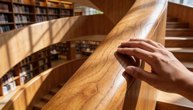 Adult male hand resting on polished wooden handrail of curved sunlit library staircase