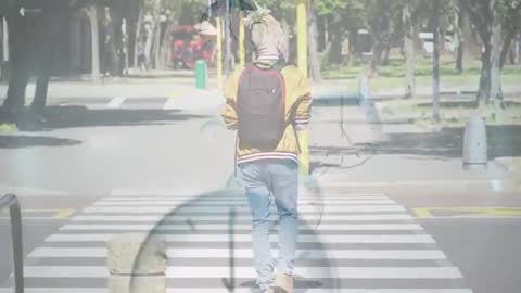 Man Walking on Zebra Crossing with Overlay of Transparent Clocks