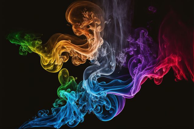 This visual of vibrant swirling multicolored smoke against a black background is perfect for artistic and creative projects. Use it for inspiration in digital art, graphic design, or as a unique background. The vivid colors and fluid shapes evoke a sense of motion and energy.