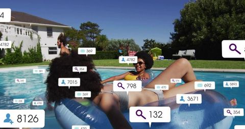 Friends floating on pool donuts with social media notifications overlay summer lifestyle