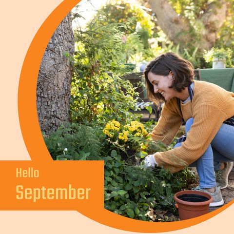 woman gardening welcomes september amidst lush greenery - Download Free Stock Templates Pikwizard.com