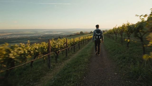 Young hiker walking vineyard rows at golden hour on hillside trail with valley view