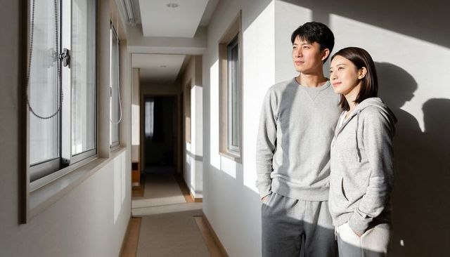 Sunlit corridor couple wearing matching grey loungewear standing by windows, serene morning