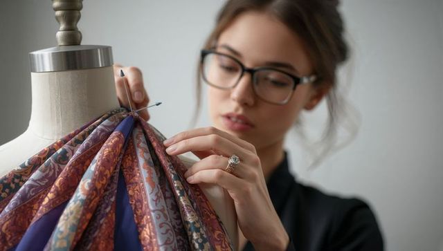 Designer Skillfully draping fabric on mannequin in studio