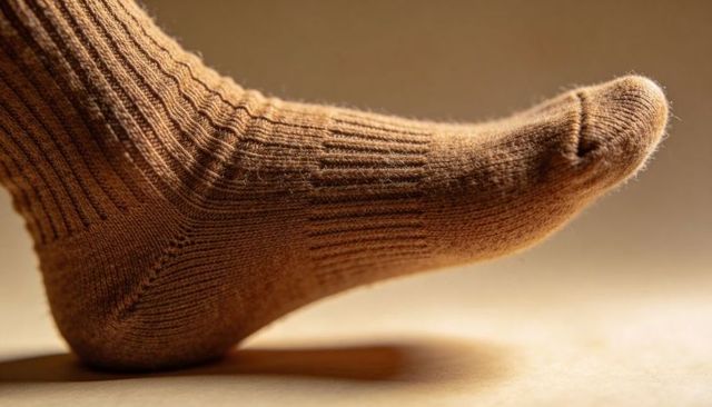 Close-up adult foot wearing brown ribbed wool sock showing knit texture and warm lighting