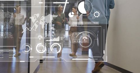 Data Processing Overlay on Business Professionals Walking in Office