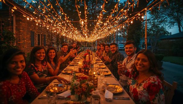 Friends gathering around long wooden table under twinkling string lights at dusk