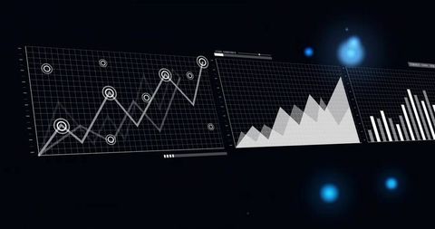 Futuristic data dashboard with sliding graph panels and hud visualization elements