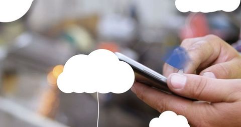 Man Using Smartphone with Digital Clouds and Icons for Networking