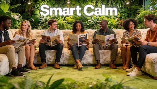 Biophilic lounge group reading wellness magazines on plush sofa under smart calm sign
