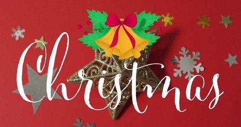 Festive Christmas Text Over Red Background with Decorations