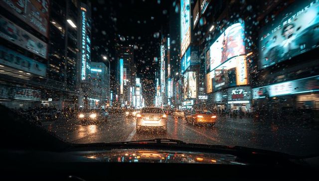 Driving through rainy neon cityscape with wet windshield bokeh and glowing billboards