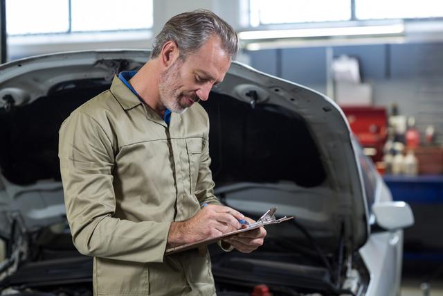 Experienced Mechanic Writing Checklist in Auto Repair Garage - Download Free Stock Photos Pikwizard.com