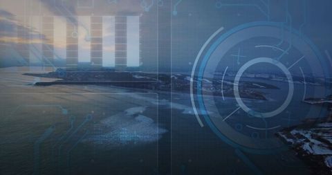 Futuristic digital aerial of rocky islands at dusk