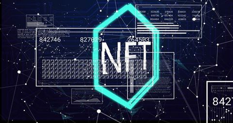 Glowing cyan hexagon framing nft letters over futuristic blockchain hud and network interface
