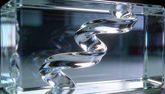 Crystal block refracting internal glass helix with rainbow dispersion on reflective base