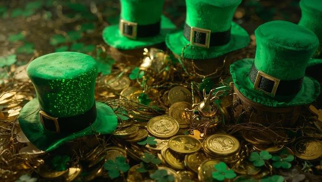 St Patrick's Day emerald velvet top hats resting on gold coin treasure with shamrocks