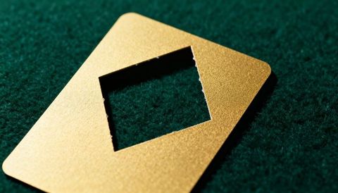 Gold metal diamond plate with rough square cutout on green felt closeup macro texture