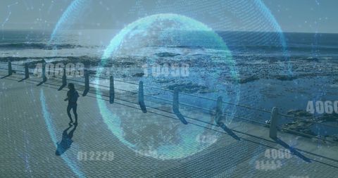 globally connected seaside workout with digital overlay - Download Free Stock Images Pikwizard.com