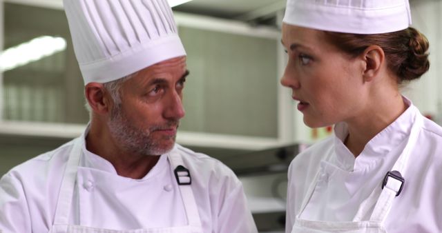 This image depicts a male chef and a female chef engaged in a serious conversation in a professional kitchen setting. Both chefs wear traditional white uniforms and chef hats. This powerful visual can be used in articles or advertisements focused on teamwork, culinary education, high-pressure kitchen environments, and the importance of communication in professional settings.