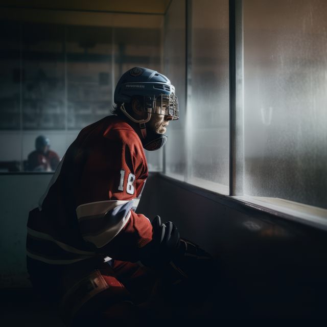 A hockey player rests by the rink during a break in the game. Captured in a moment of reflection, the athlete's dedication and focus are palpable in the dimly lit indoor arena.