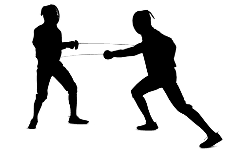 Silhouette of swordsmen fighting on transparent background