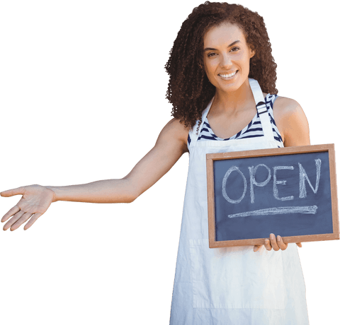 smiling woman touting open sign on chalkboard, transparent background - Download Free Stock Videos Pikwizard.com