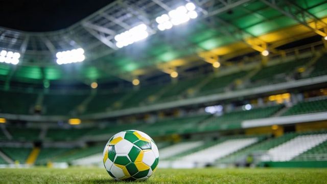 Resting soccer ball on grass pitch under stadium floodlights at night