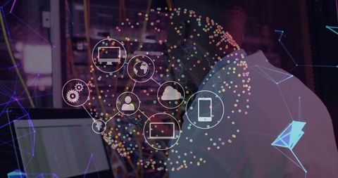 Data Center Network Visualization with Technician and Digital Icons