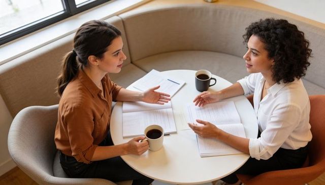 Female colleagues discussing documents over coffee in bright modern collaborative lounge