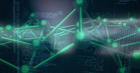 Connecting glowing neural network mesh with teal nodes and holographic code overlay