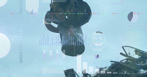 Lifting metal scrap with crane and digital analytics overlay