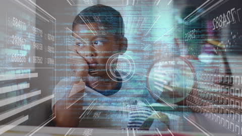 Thoughtful Black Student Surrounded by Educational Technology Graphics