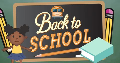 Back to school text with classroom supplies and blackboard