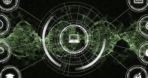 Futuristic cyber hud with central laptop icon and neon green network grid visualization